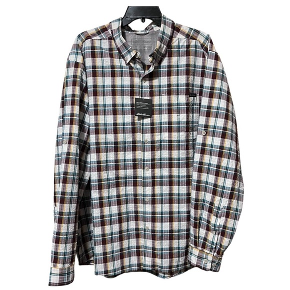 Eddie Bauer UPF 40 MR Long-Sleeve Pack It Tech Seersucker Dk Sable Size XXL - Picture 1 of 12